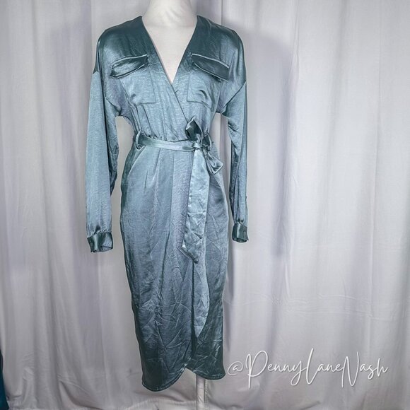 Garota Dresses & Skirts - Garota Satin Faux Wrap Midi Dress Blue